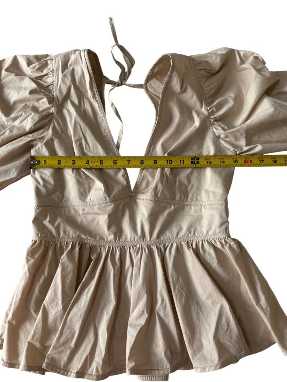 Staud Beige Peplum Blouse With Puff Sleeves & V-Neckline Size S - Picture 6 of 12